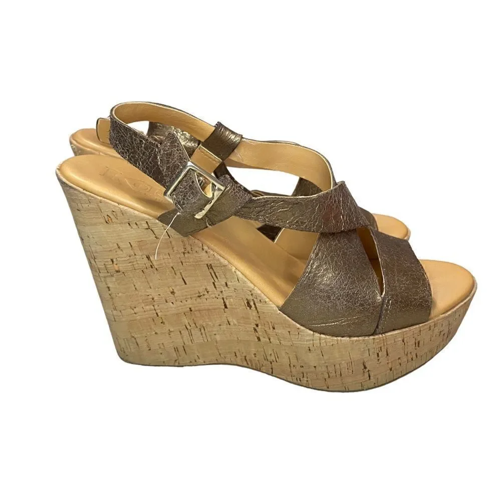 Kork-Ease sandal’s platform cork heels golden bronze leather straps size 9